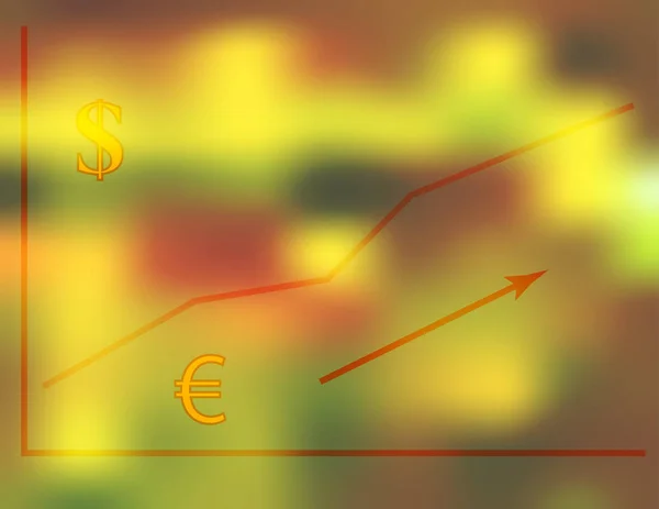 Illustration vectorielle d'un graphique de croissance financière avec des symboles dollar et euro sur fond or rouge flou, concept de trading technique — Image vectorielle