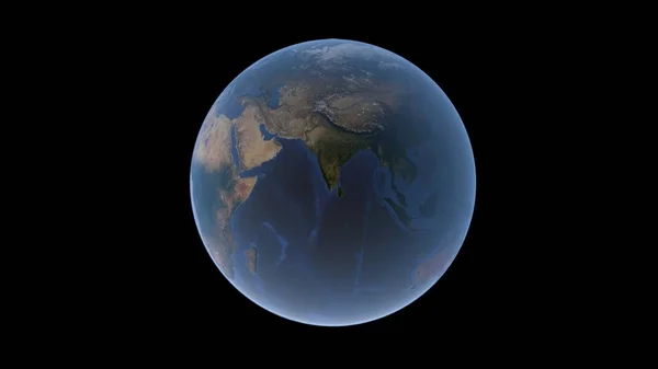 India e Oceano Indiano al centro della sfera terrestre, globo isolato su sfondo nero, rendering 3D . — Foto Stock