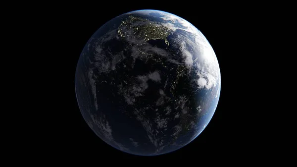 Tierra con nubes iluminadas por el Sol en un lado, en el lado nocturno de las luces de las ciudades, América viene por la mañana, un globo aislado, representación 3d, elementos de esta imagen son proporcionados por la NASA — Foto de Stock