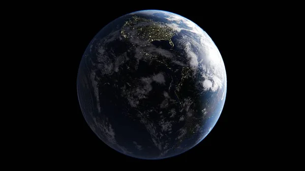Dünya ile bulutlar, güneş tarafından aydınlatılmış bir tarafta gece ışıklar şehir tarafına, Amerika sabah, izole bir küre, 3d render geliyor, bu görüntü unsurları Nasa tarafından döşenmiş