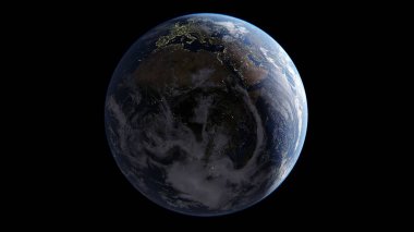 Bulutlar güneş tarafından gece tarafındaki ışıklar şehirler, bir tarafta Asya gün, Avrupa ve Afrika'da aydınlatılmış toprakla geliyor sabah, siyah bir arka plan, 3d render izole küre