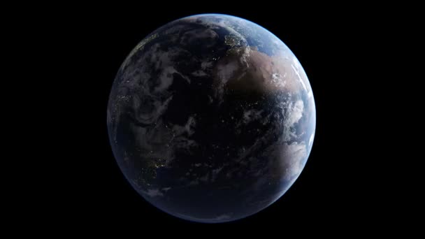La Terre aux nuages éclairés par le soleil tourne autour de son axe, sur les lumières nocturnes des villes, un globe isolé sur fond noir, rendu 3D, éléments de cette image fournie par la NASA — Video