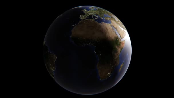 Земля с огнями ночных городов вращается вокруг оси, камера приближается к ночи Англии, изолированный земной шар, 3D рендеринг, элементы этого изображения предоставлены НАСА — стоковое видео