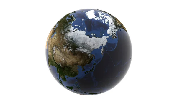Vista di un'enorme Russia innevata e Alaska, globo di terra isolato su sfondo bianco, rendering 3d, elementi di questa immagine forniti dalla NASA . — Foto Stock