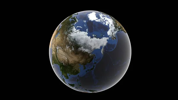 Vista de Asia y Alaska cubierta de nieve, globo aislado de tierra sobre un fondo negro, representación 3d, elementos de esta imagen proporcionados por la NASA . — Foto de Stock