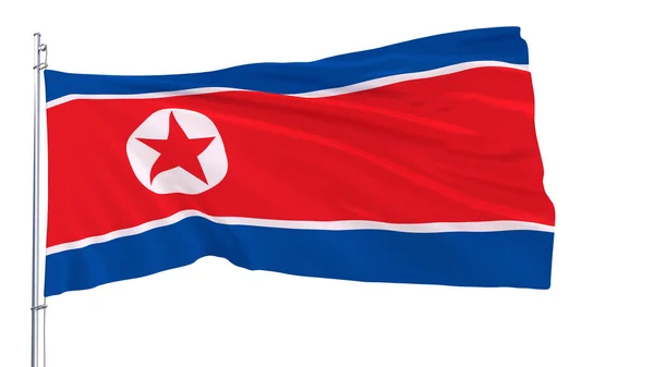 흰색 배경, 3d 바람에 나 부 끼고 깃대에 북한의 국기 렌더링. — 스톡 사진