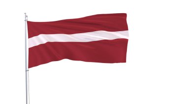 Beyaz arka plan, 3d render rüzgarla içinde çırpınan bayrak direğine Letonya bayrağı.