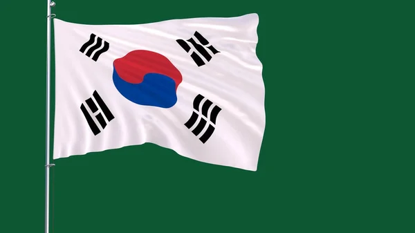 Flaga Korei Południowej na maszcie powiewa na wietrze na czyste zielone tło, renderowania 3d — Zdjęcie stockowe