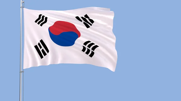 De vlag van Zuid-Korea op de vlaggenmast wapperen in de wind op een zuivere blauwe achtergrond, 3D-rendering — Stockfoto