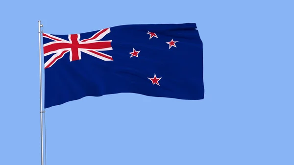 A bandeira da Nova Zelândia no mastro de bandeira agitando-se ao vento em um fundo puramente azul, renderização 3D — Fotografia de Stock