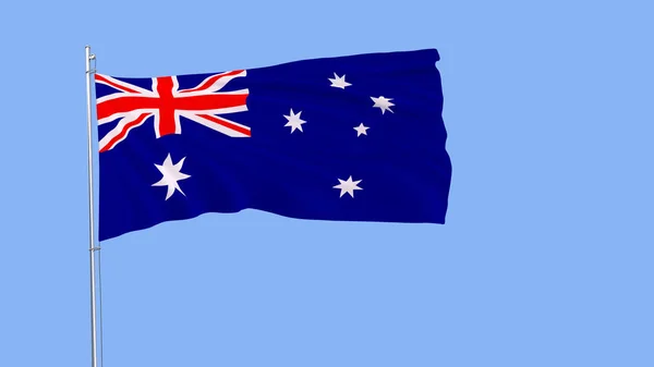 Bandeira da Austrália em um mastro de bandeira que flutua no vento em um fundo azul puro, renderização 3d . — Fotografia de Stock