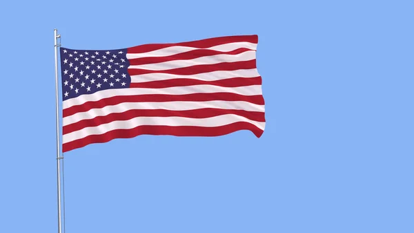 Bandiera degli USA sul pennone sventolante nel vento su fondo blu puro, rendering 3d . — Foto Stock
