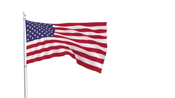 Usa flagga på flaggstången fladdrar i vinden på en ren vit bakgrund, 3d-rendering. — Stockfoto