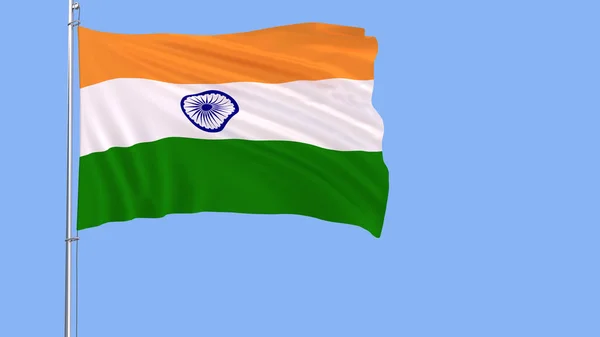 Bandera de la India en el asta de la bandera ondeando en el viento sobre un fondo azul, representación 3d . — Foto de Stock