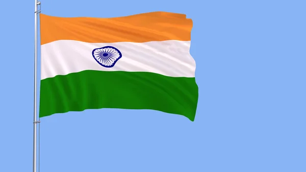 Indiens flagga på flaggstången fladdrar i vinden på en blå bakgrund, 3d-rendering. — Stockfoto