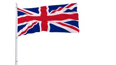 Şeffaf mavi arka plan, 3d render rüzgarla içinde çırpınan bir bayrak direğine Büyük Britanya bayrağı