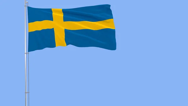 Sveriges flagga på en flaggstång som fladdrar i vinden på blå bakgrund, 3d-rendering. — Stockfoto