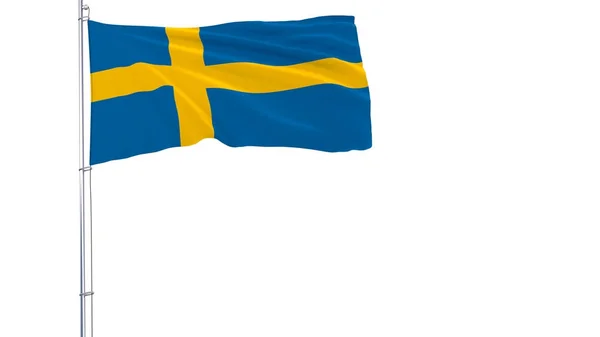 Sveriges flagga på en flaggstång som fladdrar i vinden på vit bakgrund, 3d-rendering. — Stockfoto