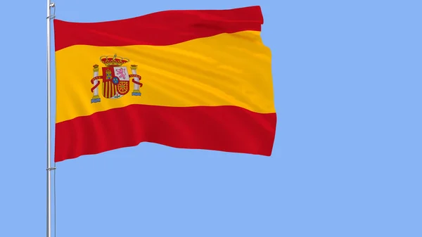 Bandeira da Espanha em um mastro de bandeira que flutua no vento em um fundo azul, renderização 3d . — Fotografia de Stock