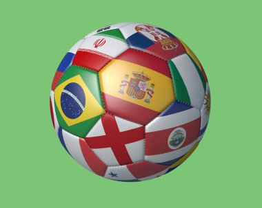 İzole futbol topu ile 2018 yeşil bir arka planda 3d render Dünya Kupası katılan Birleşik renkler bayrakları.