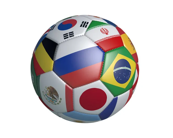 İzole futbol topu ile 2018 FIFA Dünya Kupası beyaz bir arka planda 3d işleme katılan Birleşik renkler bayrakları.