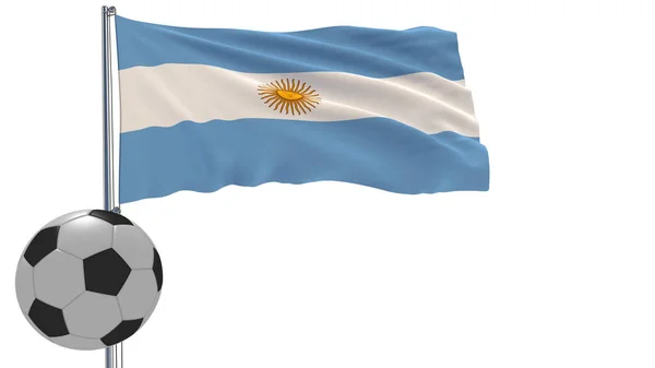 Un pallone da calcio realistico e la bandiera realisticamente sventolante dell'Argentina su sfondo bianco, rendering 3d . — Foto Stock