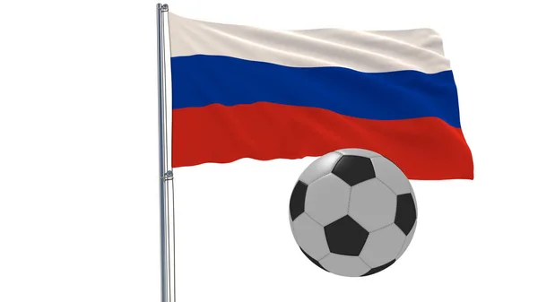Μια μπάλα ποδοσφαίρου ρεαλιστική και ρεαλιστικά φτερουγίσματα σημαία της Ρωσίας σε λευκό φόντο, 3d rendering. — Φωτογραφία Αρχείου