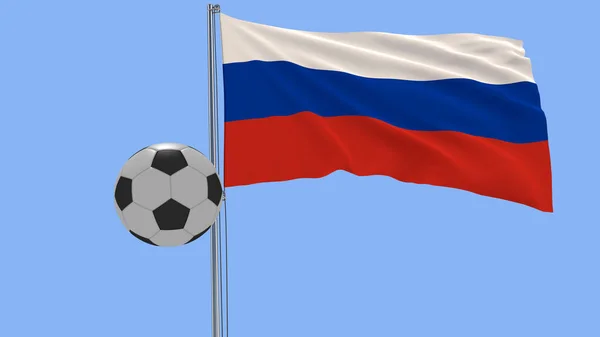 Bola de futebol e a bandeira tremulante da Rússia em um fundo azul, renderização 3d . — Fotografia de Stock