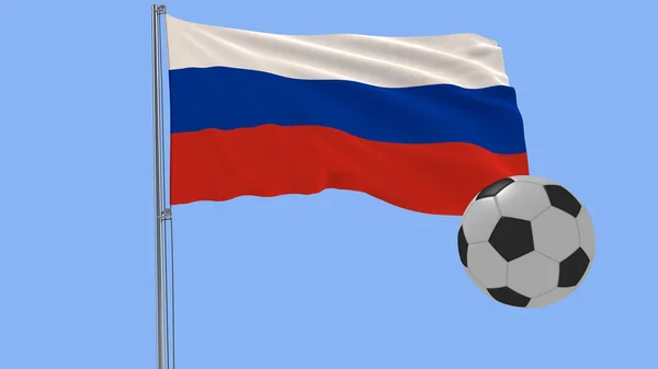 Μια μπάλα ποδοσφαίρου ρεαλιστική και ρεαλιστικά φτερουγίσματα σημαία της Ρωσίας σε μπλε φόντο, 3d rendering. — Φωτογραφία Αρχείου