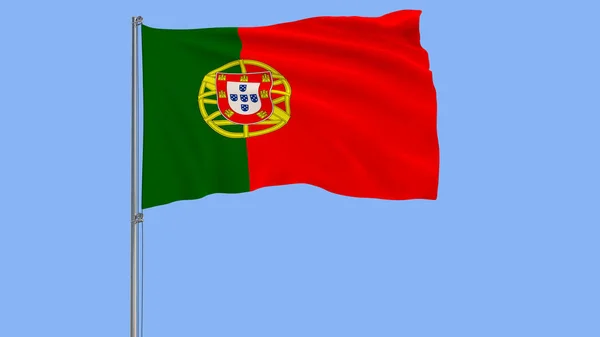 Isoleren van de vlag van Portugal op een vlaggenmast wapperen in de wind op een blauwe achtergrond, 3D-rendering. — Stockfoto