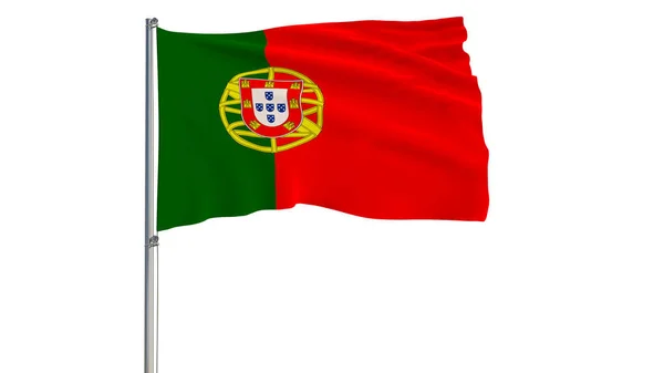 Isoleren van de vlag van Portugal op een vlaggenmast wapperen in de wind op een witte achtergrond, 3D-rendering. — Stockfoto