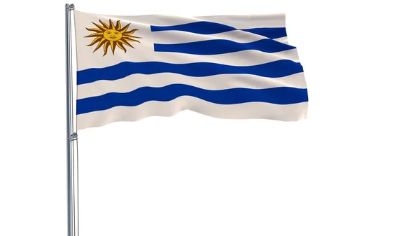 Ізолювати прапор Уругваю на флагштока майорить у вітер на білому тлі, 3d-рендерінг. — стокове фото