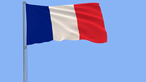 Aislar la bandera de Francia en un asta de la bandera ondeando en el viento sobre un fondo azul, representación 3d, formato PNG con transparencia ALPHA . —  Fotos de Stock