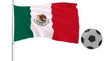 Futbol topu ve beyaz bir arka planda 3d render Meksika bayrağı çırpınan.