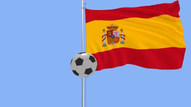 Gerçekçi futbol topu İspanya bayrağı gerçekçi çırpınan 3d render, mavi bir arka plan uçar..