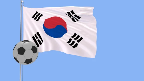Realistické fotbalový míč a realisticky vlající vlajka Jižní Koreje na modré pozadí, 3d vykreslování. — Stock fotografie