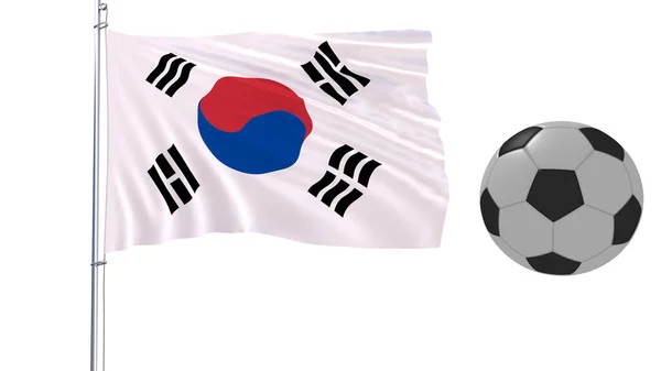 白の背景、3 d レンダリングに韓国の現実的にはためく旗や現実的なサッカー ボール. — ストック写真