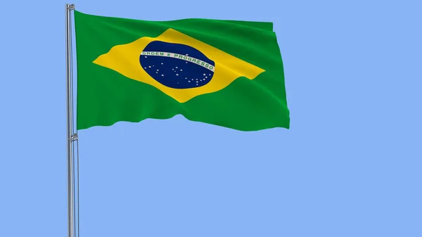 Isolar a bandeira do Brasil em um mastro de bandeira que flutua no vento em um fundo azul, renderização 3d . — Fotografia de Stock