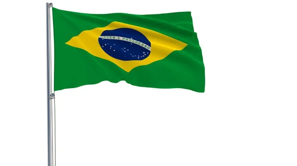 Isolar a bandeira do Brasil em um mastro de bandeira que flutua no vento em um fundo branco, renderização 3d . — Fotografia de Stock