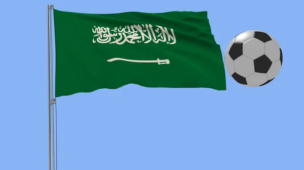 Ein realistischer Fußball und die realistisch flatternde Flagge Saudi Arabiens auf blauem Hintergrund, 3D-Darstellung. — Stockfoto