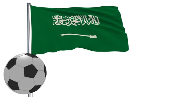 Una pelota de fútbol realista y la bandera realísticamente ondeante de Arabia Saudita sobre un fondo blanco, representación 3d . — Foto de Stock