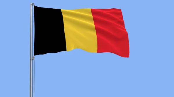 Drapeau isolé de la Belgique sur un mât flottant dans le vent sur un fond bleu, rendu 3d . — Photo