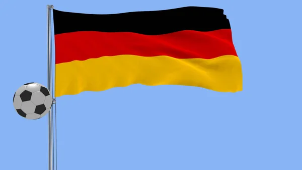 Una pelota de fútbol realista vuela alrededor de la bandera de Alemania que ondea realísticamente sobre un fondo azul, representación 3d . —  Fotos de Stock