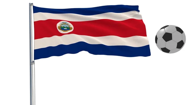 Realistische fladderende vlag van Costa Rica en voetbal rondvliegen op een witte achtergrond, 3D-rendering. — Stockfoto