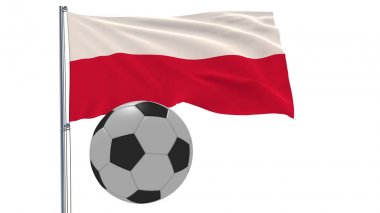 Çırpınan bayrağı gerçekçi 3d render, beyaz bir arka plan etrafında uçan Polonya ve futbol topu.