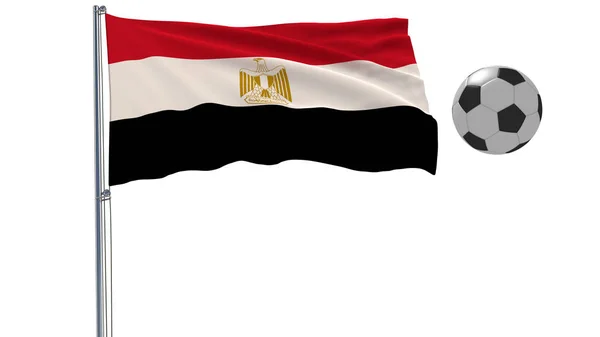 Realistisk fladdrande flagga av Egypten och fotboll bollen flyger runt på en vit bakgrund, 3d-rendering. — Stockfoto