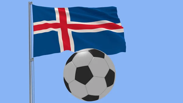 Realistisches Flattern der isländischen Flagge und umherfliegender Fußball auf blauem Hintergrund, 3D-Darstellung. — Stockfoto