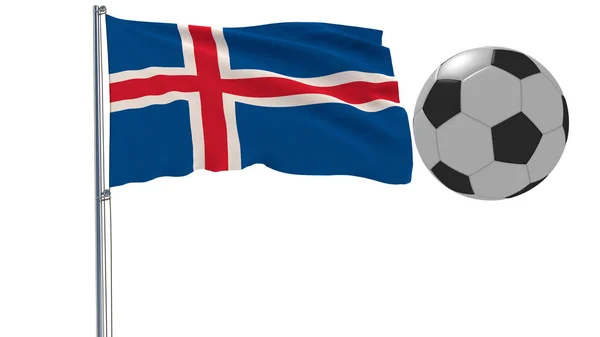 Bandera de aleteo realista de Islandia y pelota de fútbol volando sobre un fondo blanco, representación 3d . —  Fotos de Stock