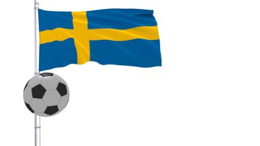 Çırpınan bayrağı gerçekçi 3d render, beyaz bir arka plan etrafında uçan İsveç ve futbol topu.