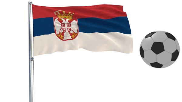 Bandeira balançando realista da Sérvia e bola de futebol voando em torno de um fundo branco, 3d renderização . — Fotografia de Stock